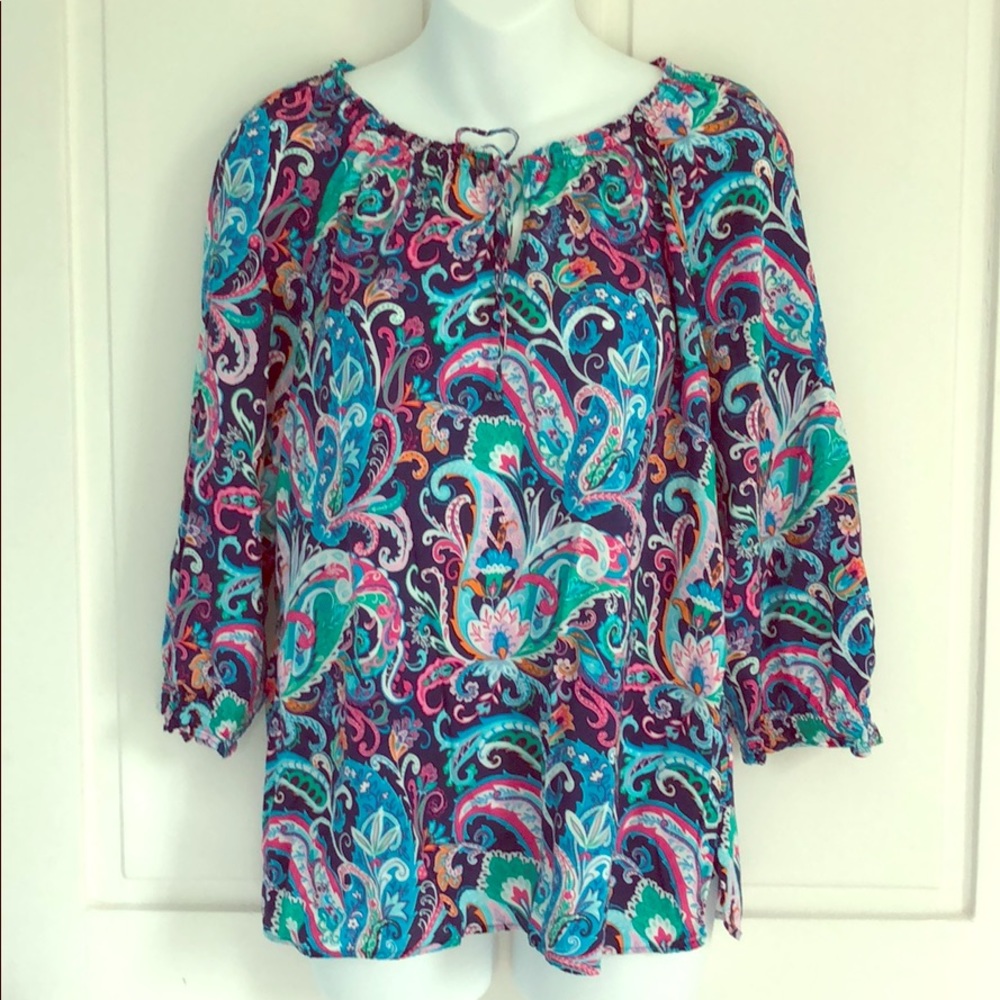 Talbots Paisley Floral Print Peasant Blouse Top Medium Petite Pink Blue Medium P